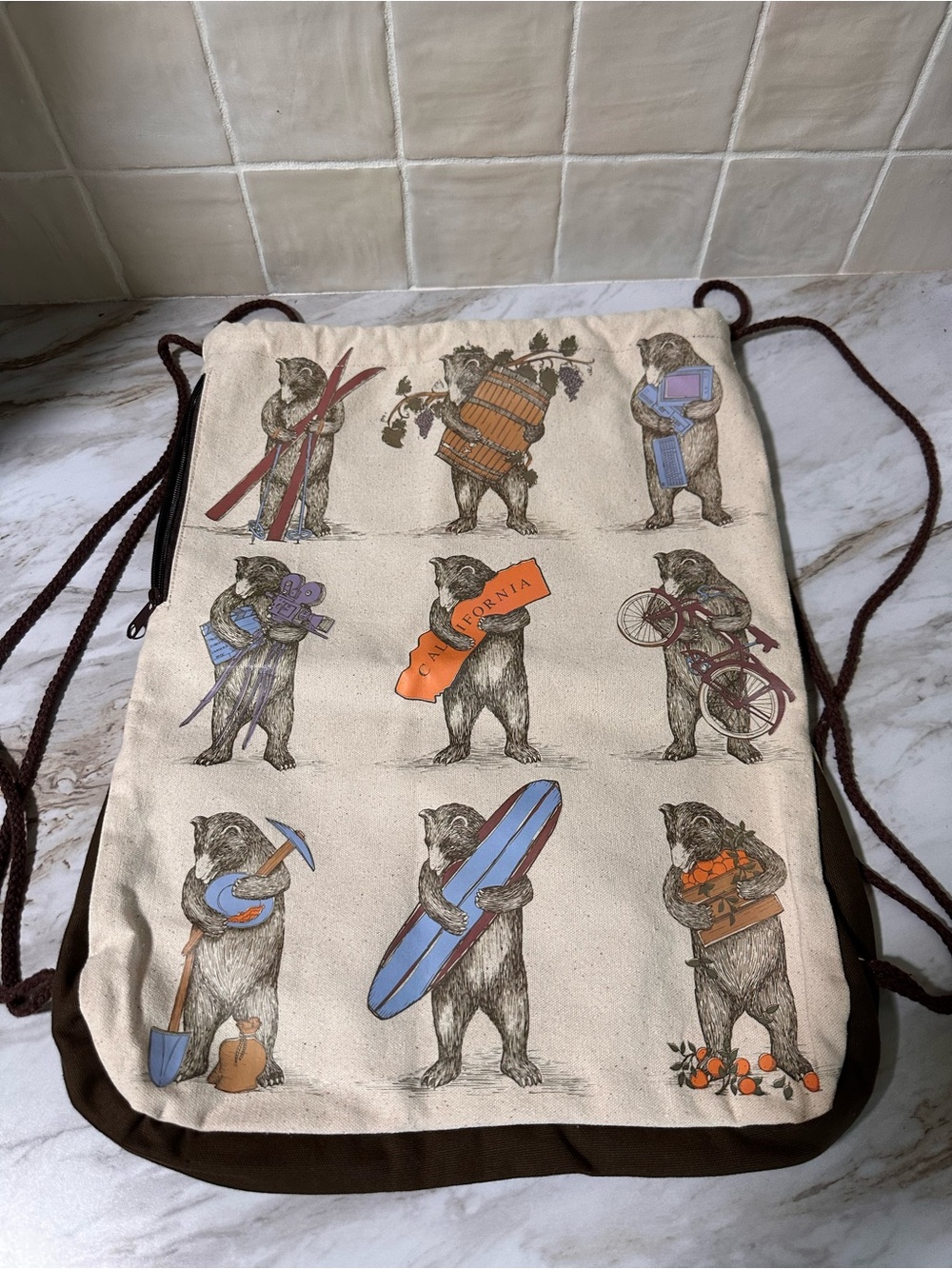 Nine Bear Drawstring Backpack SF Mercantile California Bear Print.